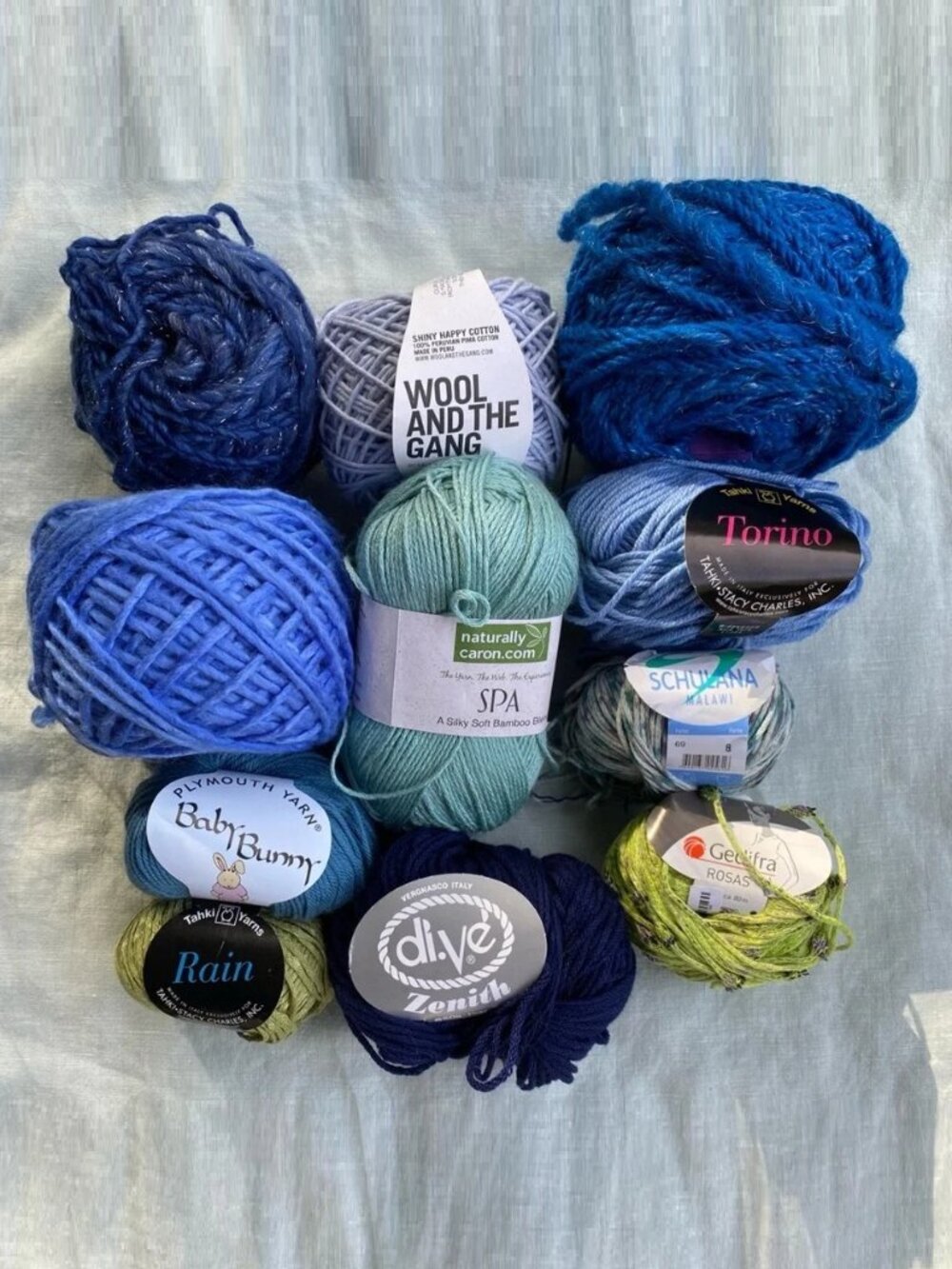 Lot of 11 blue green yarn skeins Merino wool cotton angora bamboo handspun